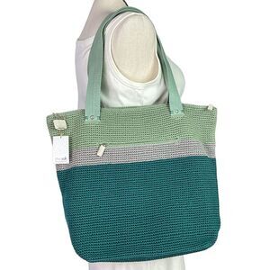 The Sak Tote XLarge Teal Mendocino Crochet Double Strap Zip Vegan NEW 109263